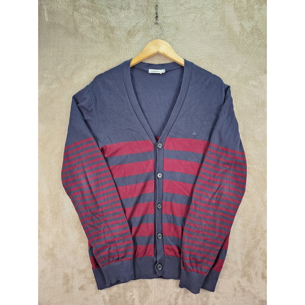 J. Lindeberg Cardigan in Navy Bordeaux Red Striped V-neck Buttons Size XL